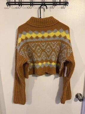 Free People Fair Isle Mock Neck Chunky-Knit Pullover Sweater Cinnamon Toast XS